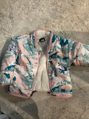 The North Face Kids Pink & Teal Mountain-Print Puffer Jacket